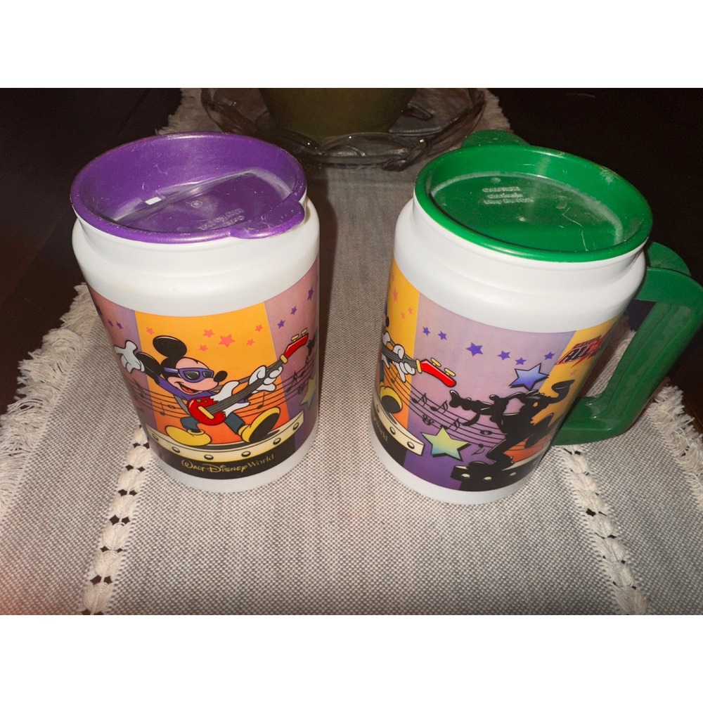Vintage Walt Disney World All Star Music Resort Travel Mug Set of 2 Mickey Goofy